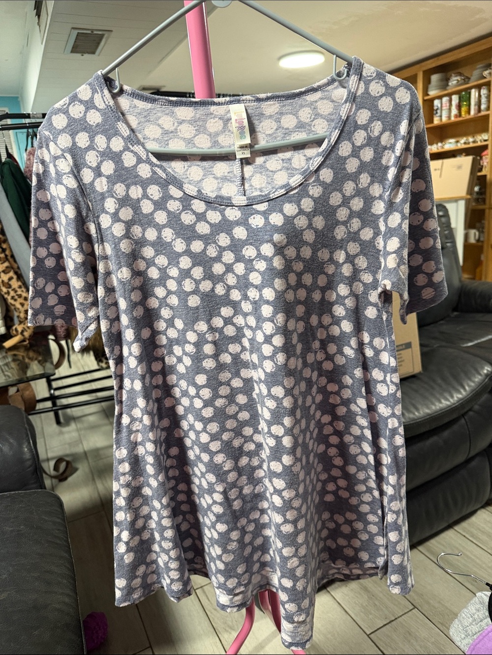 LuLaRoe Scoop Neck Tunic in Light Gray with White Polka Dot Print